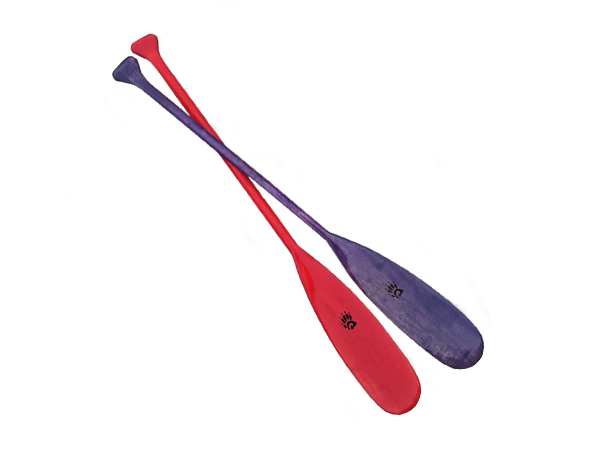 tinted bright red wood canoe paddle and purple stained wood canoe paddle for young children and small kids