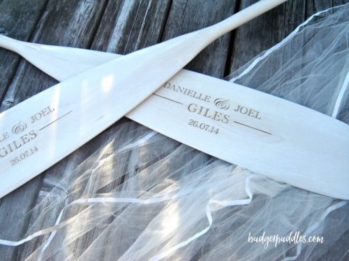 wedding veil with custom laser engraved wedding paddles, tinted white