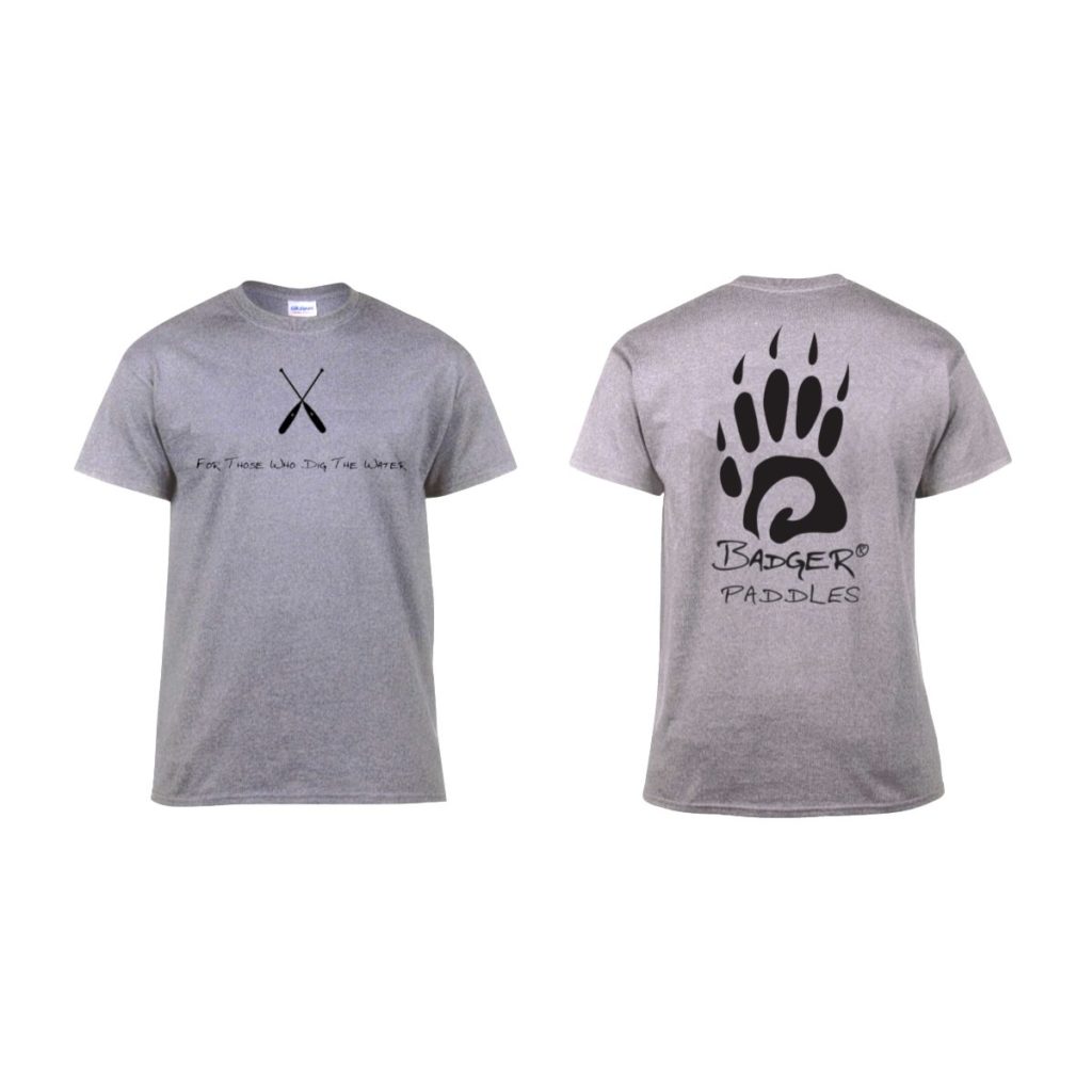 limited edition anniversary package grey t-shirt depicting two crossed paddles with text, For those who dig the water, and Badger Paddles logos