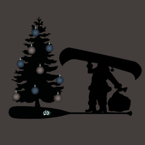 Silhouette of Santa portaging a canoe with a Christmas tree on a Badger Paddle with a grey background