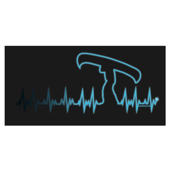 Symbolic representation of a heartbeat line depicting the silhouette of a man portaging canoes