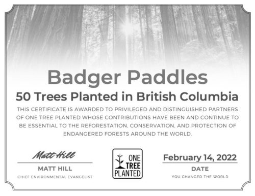 One Tree Planted certificate for Badger Paddles - 50 trees planted in British Columbia Dated Feb 14 2022