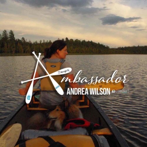 Badger Ambassador Andrea Wilson - Cabin Falls Ecolodge - Bow shot of a canoe with a gear and a collie dog with Andrea Wilson looking at the scenic wilderness lake around her.