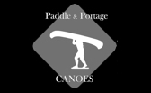 Paddle and Portage Canoes logo - black and white version - showing a man portage motif and business name.