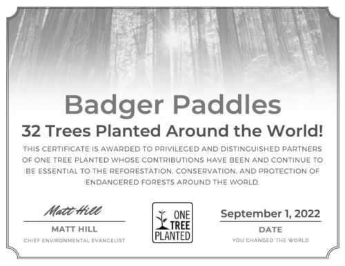One Tree Planted certificate for Badger Paddles - 50 trees planted in Around the World Dated Sept 2 2022