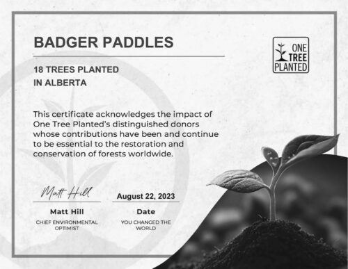 One Tree Planted certificate for Badger Paddles - 50 trees planted in British Columbia Dated Aug 22 2023