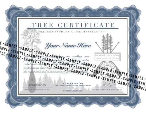 Sample copy of Badger Forest Edition Tree Certificate - fancy blue border surrounding text and logos with a watermark of "sample sample sample" laid diagonally across the image.