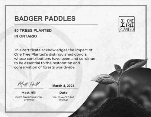 One Tree Planted certificate for Badger Paddles - 50 trees planted in USA Dated March 4 2024