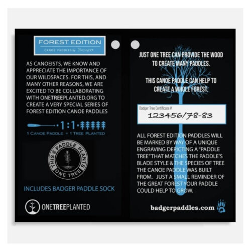 Example of mini-certificate for FOREST EDITION Badger Canoe Paddles - 1 paddle plants 1 tree