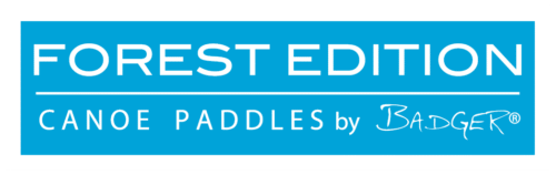 Forest Edition Canoe Paddles by Badger Forest Edition canoe paddles by Badger logo, This Paddle Plants One Tree, with pine trees and crossed paddles representing tree planting initiative