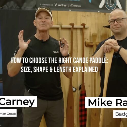 Mike Ramsay of Badger Paddles with Mike Carney of Outdoor Channel explaining how to choose the right canoe paddle at Canoecopia 2026